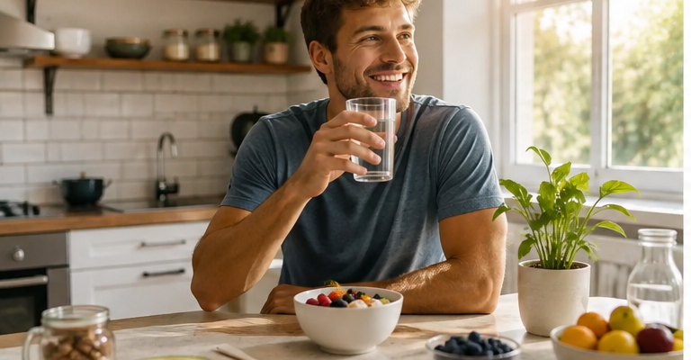 A Smiling Man Leans On A Kitchen Counter While Holding A Glass Of Water, With Bowls Of Fresh Fruit And An Avocado On The Table Beside A Potted Plant And Sunny Window.