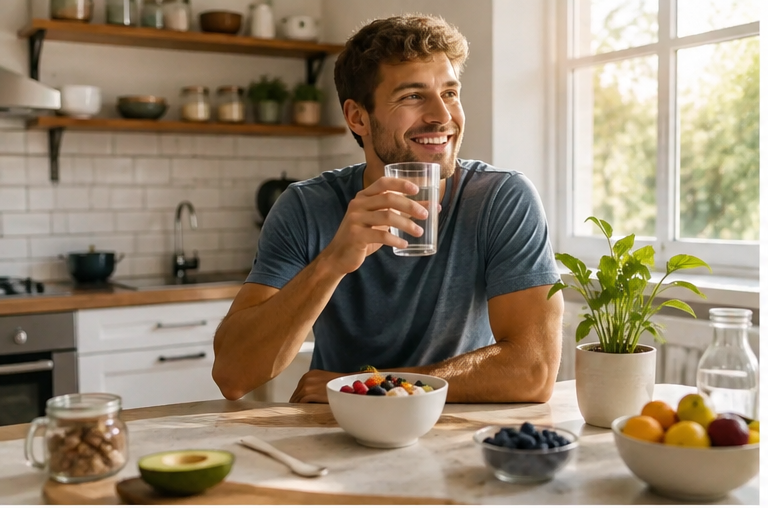 A smiling man leans on a kitchen counter while holding a glass of water, with bowls of fresh fruit and an avocado on the table beside a potted plant and sunny window.
